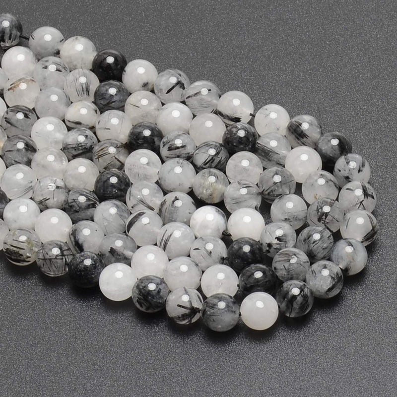 LPBeads 100pcs Polished 8mm Round Natural Black Rutilated Quartz Gemstone Loose Beads with Stretch Cord for Jewelry Making Bracelets - Image 3